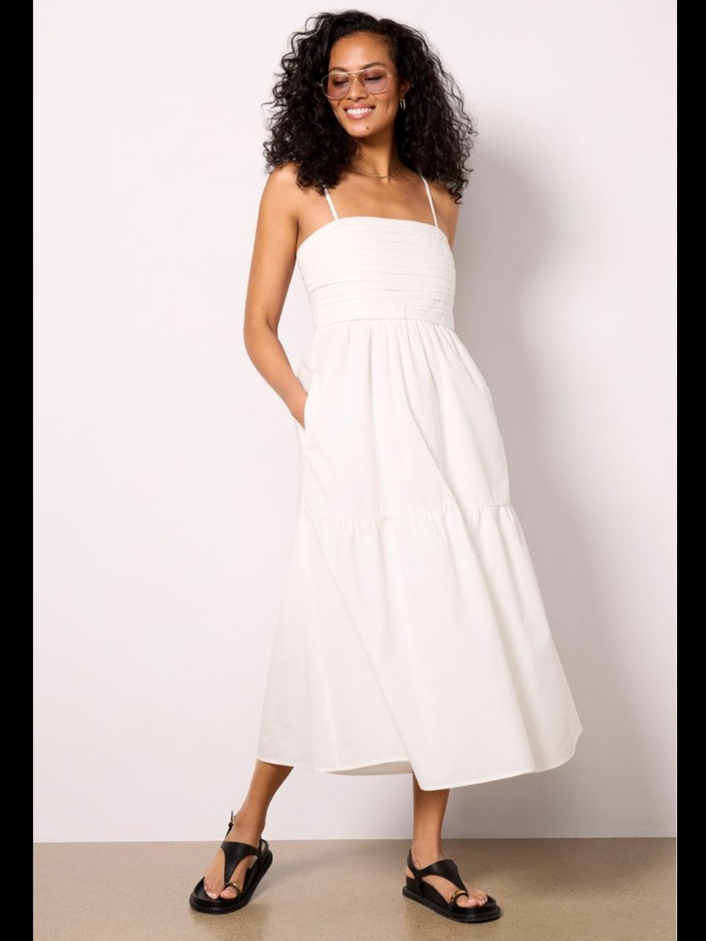 NWT Evereve Cream Smocked-Top Strap Midi Dress